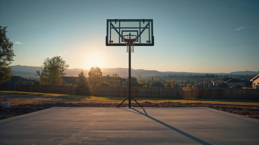 Basketball hoop installed on a concrete court at sunset in Salt Lake City.