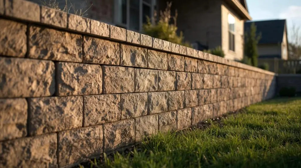 Close-up of a textured stone block wall with grass in the foreground.