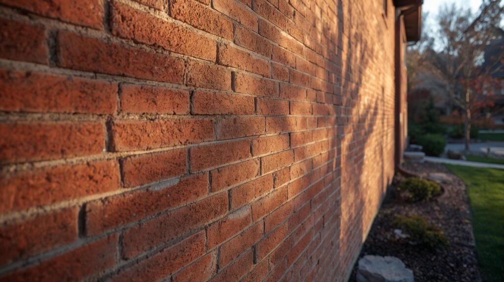 Close-up of a brick wall showcasing texture and shadows in sunlight.