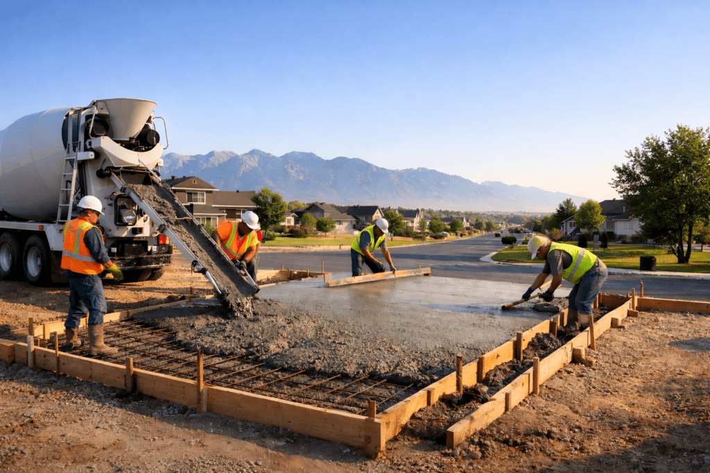 Workers pouring and leveling concrete on a construction site in Salt Lake City.