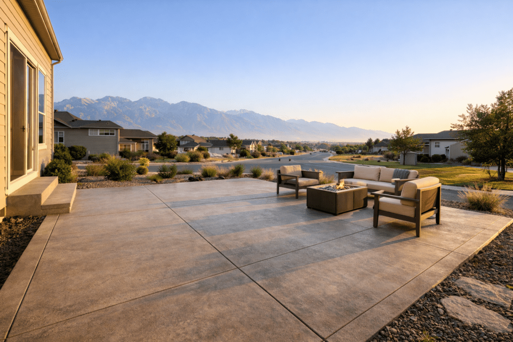Spacious concrete patio with fire pit and mountain view in Salt Lake City