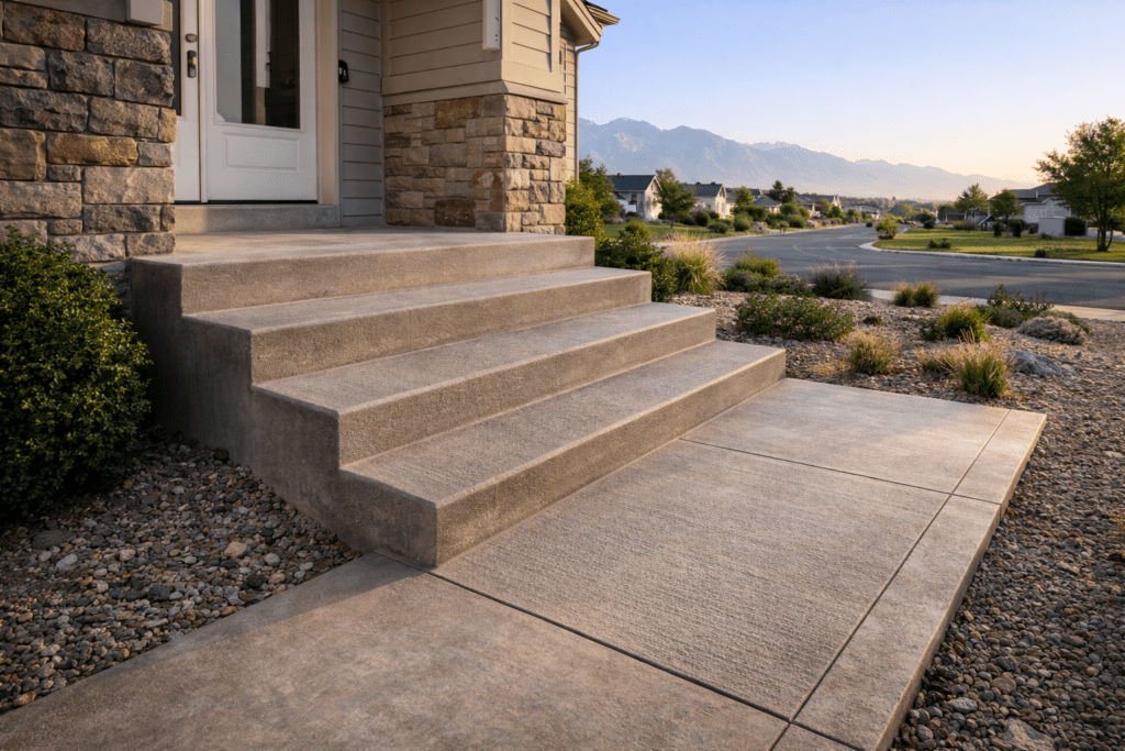 Concrete steps leading to a front door with landscaping and mountains in the background.