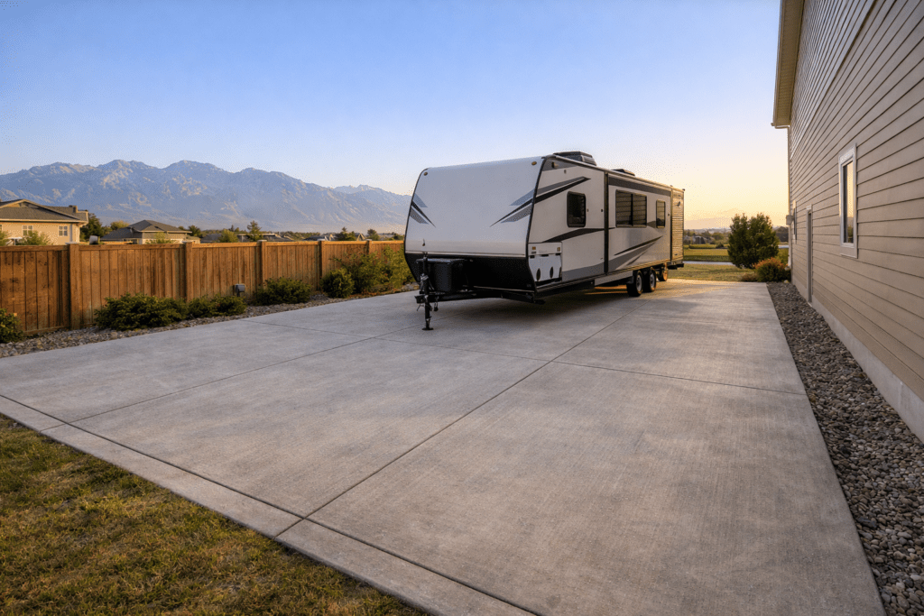 A seamless concrete RV pad with a parked RV and mountains in the background.