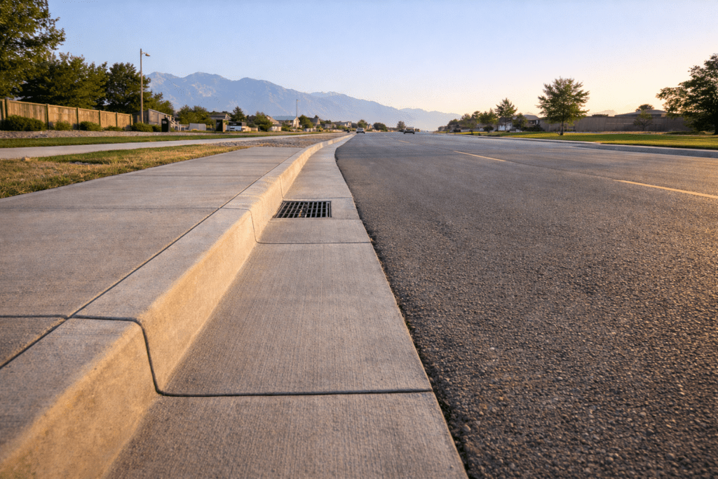 Concrete curb and gutter along a suburban road with mountains in the background.