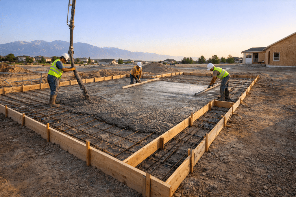 Workers pouring and leveling concrete for a foundation in Salt Lake City.