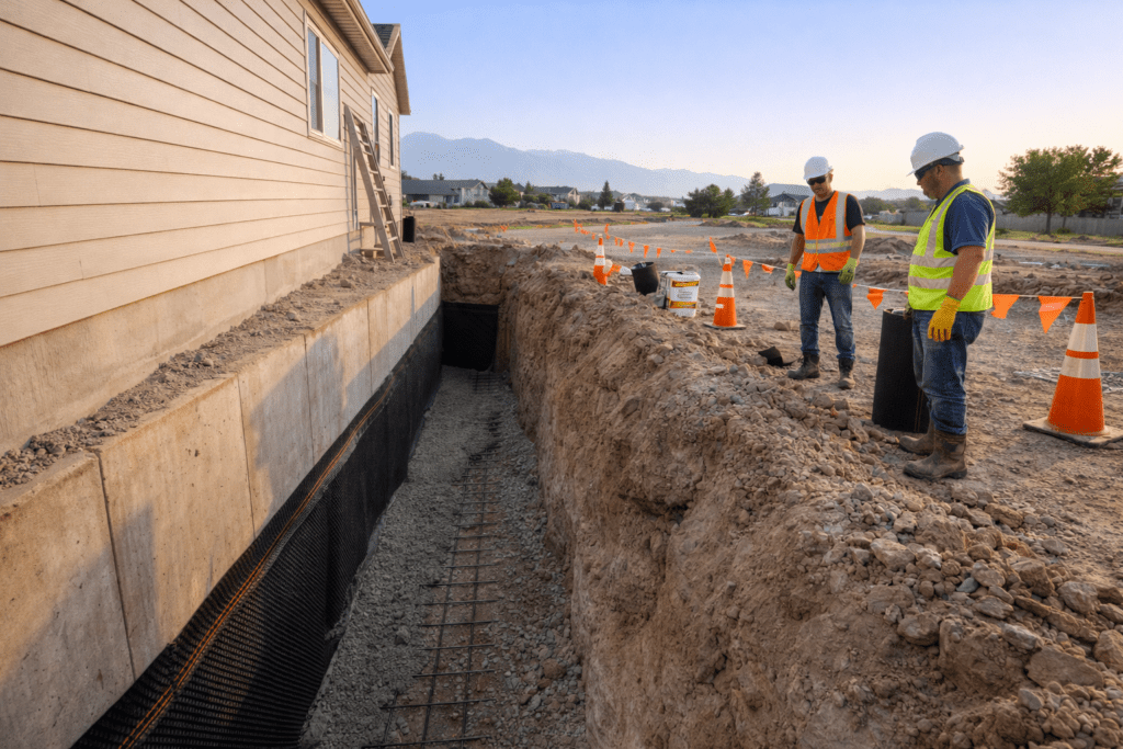 Two workers inspecting a foundation waterproofing trench beside a house.