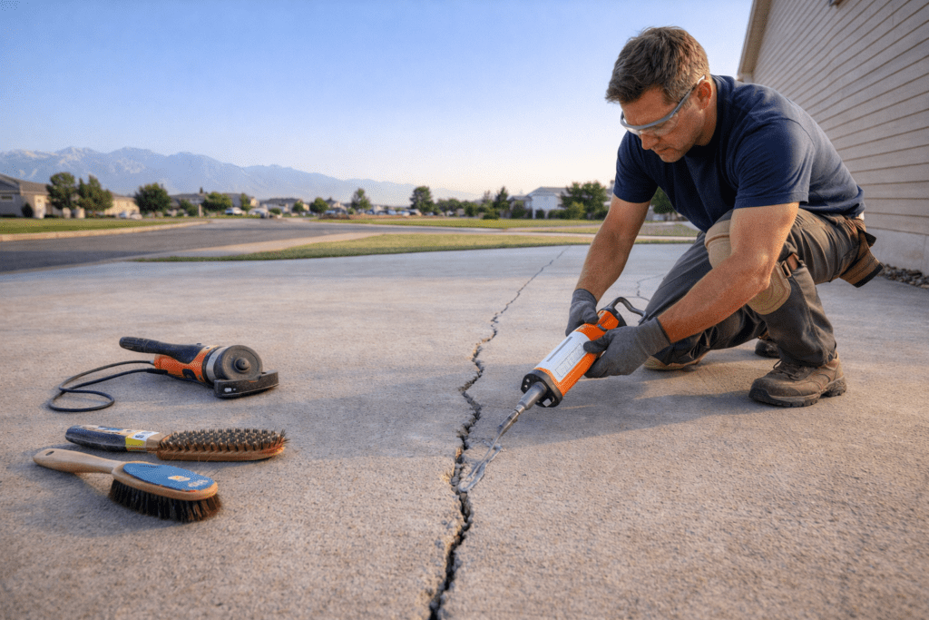 A worker repairing a concrete crack with a sealant tool in Salt Lake City.