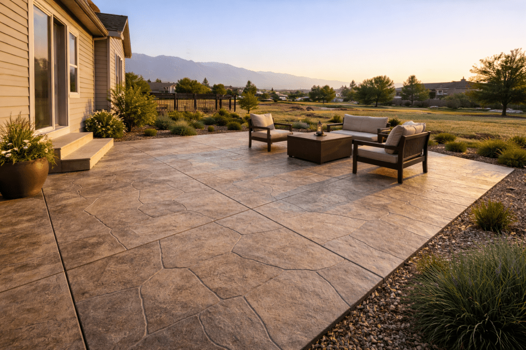 Stylish outdoor patio with stamped concrete, seating area, and landscaping.