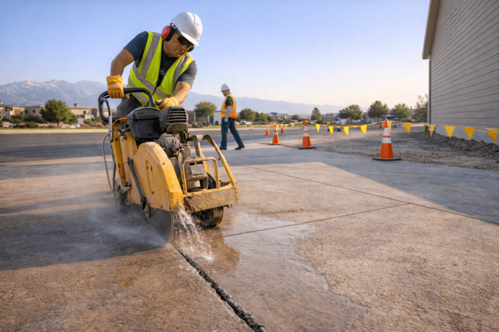 Worker using a concrete saw to cut pavement on a construction site.