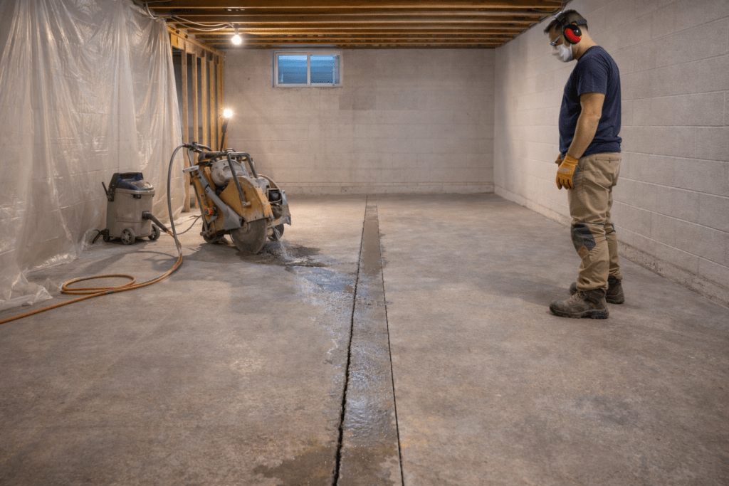Worker using a concrete saw in a basement for plumbing installation.