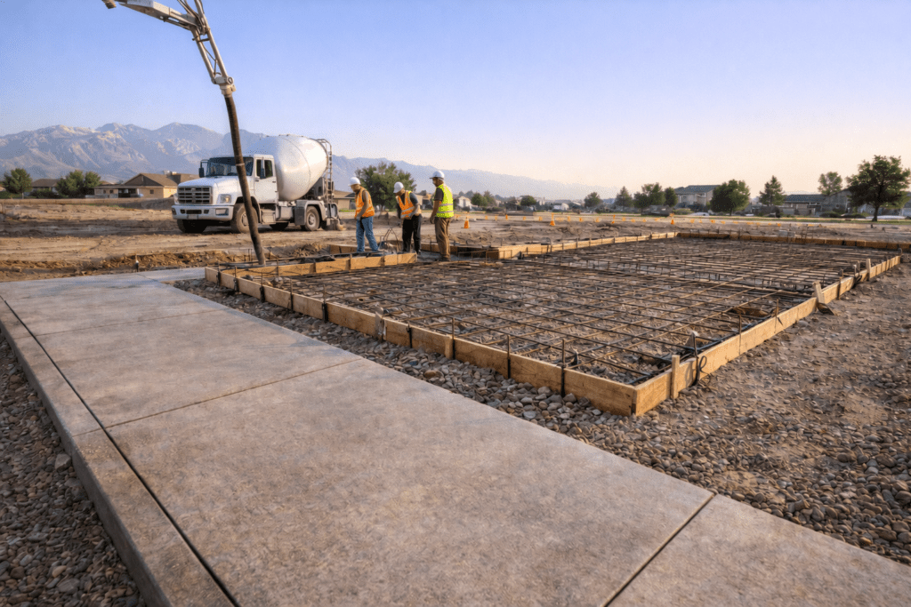 Construction site with workers preparing concrete foundation and mixer truck.