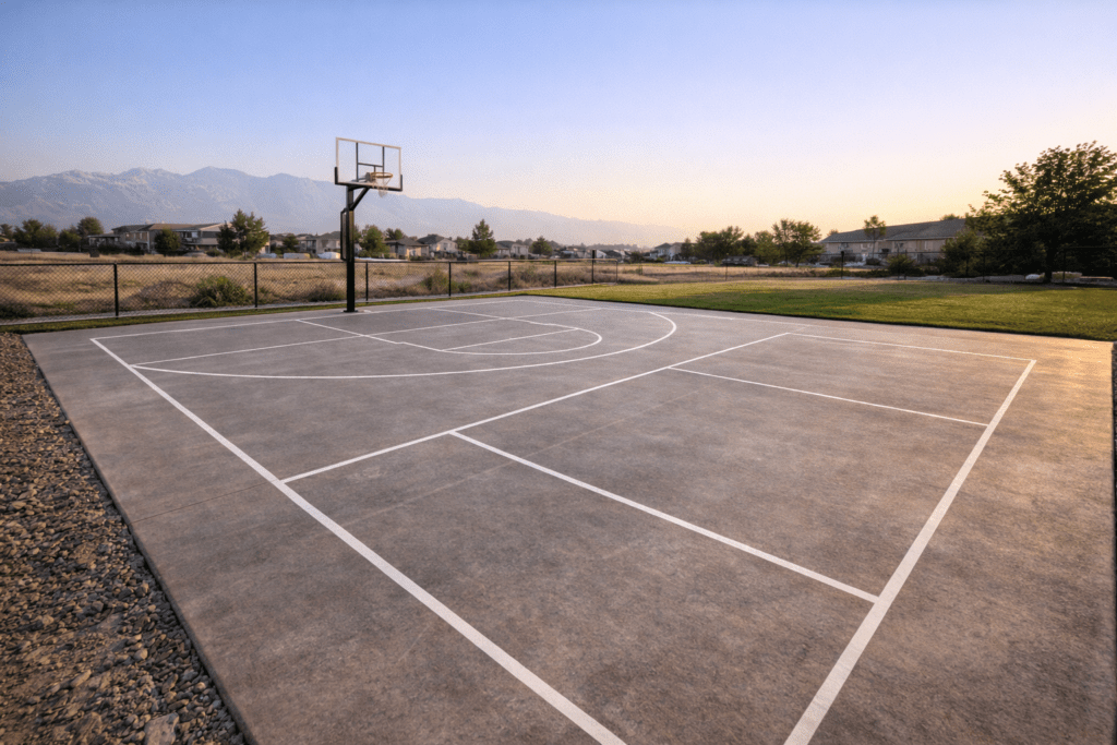 Concrete basketball court with hoop and mountain backdrop at sunset
