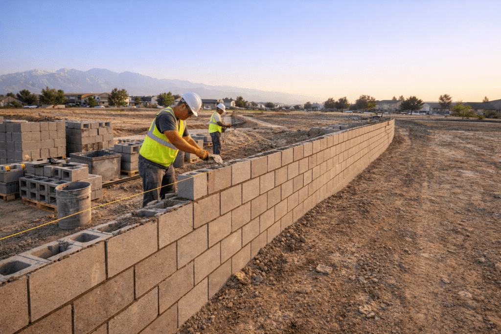 Two workers building a concrete block wall at a construction site.