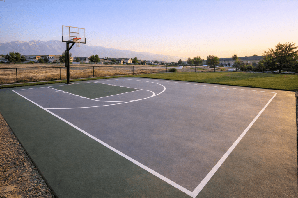 Outdoor basketball court with hoop and mountains in the background