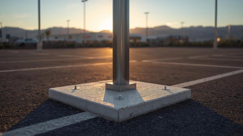 Close-up of a light post base on asphalt with mountains in the background.