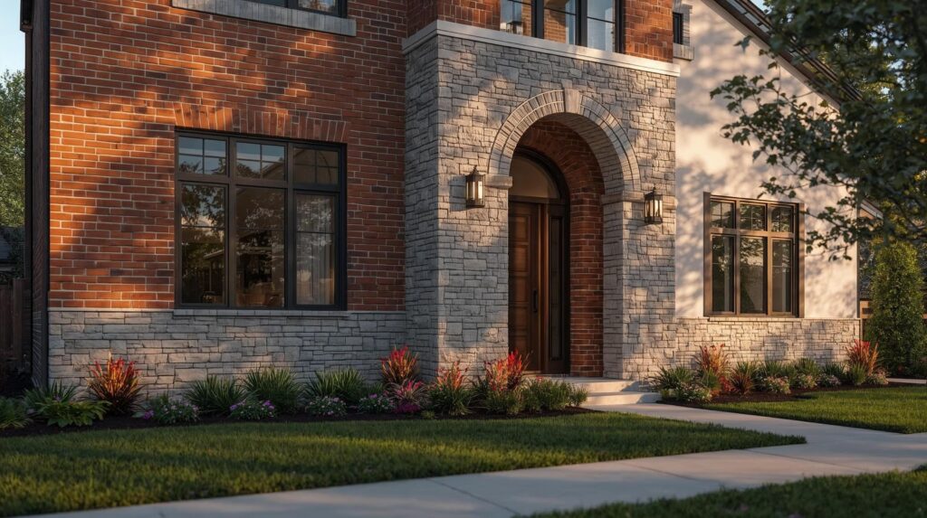 Exterior view of a modern home featuring brick and stone masonry.