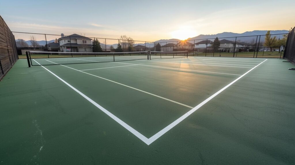 Seamless pickleball court with green surface and white lines at sunset