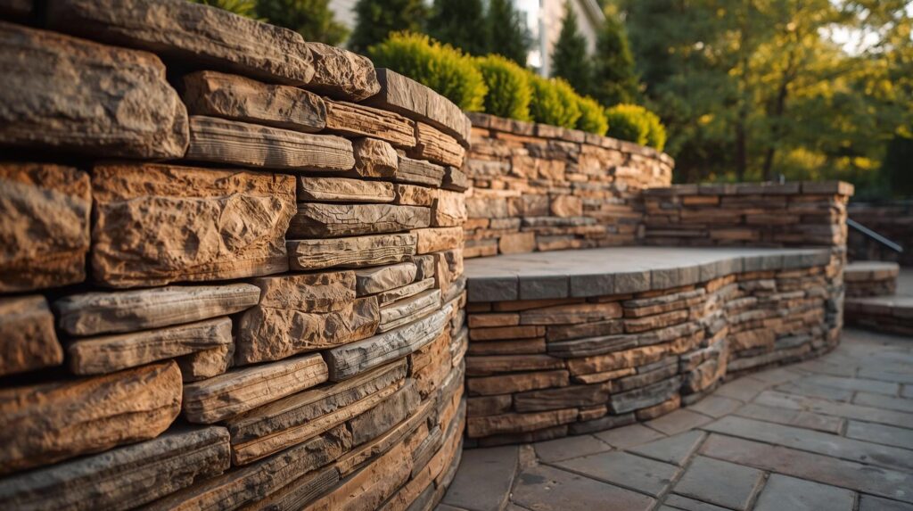 Close-up of expertly crafted stone wall and seating area in a garden.