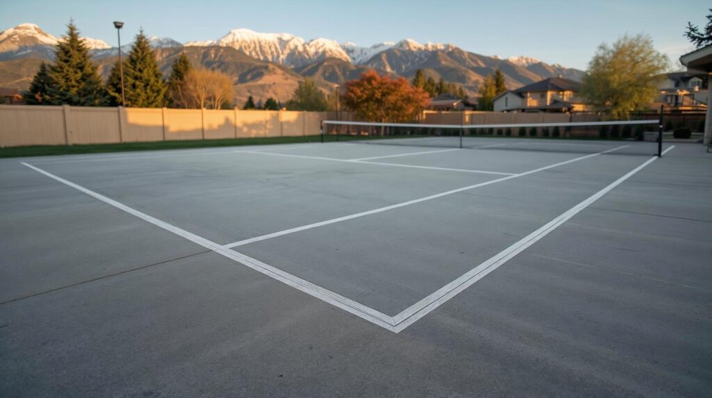 Concrete tennis court with white lines and mountains in the background