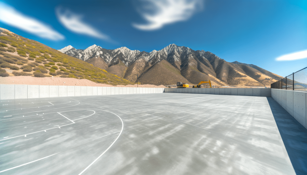 Concrete sports court under construction in Salt Lake City with mountains in the background.