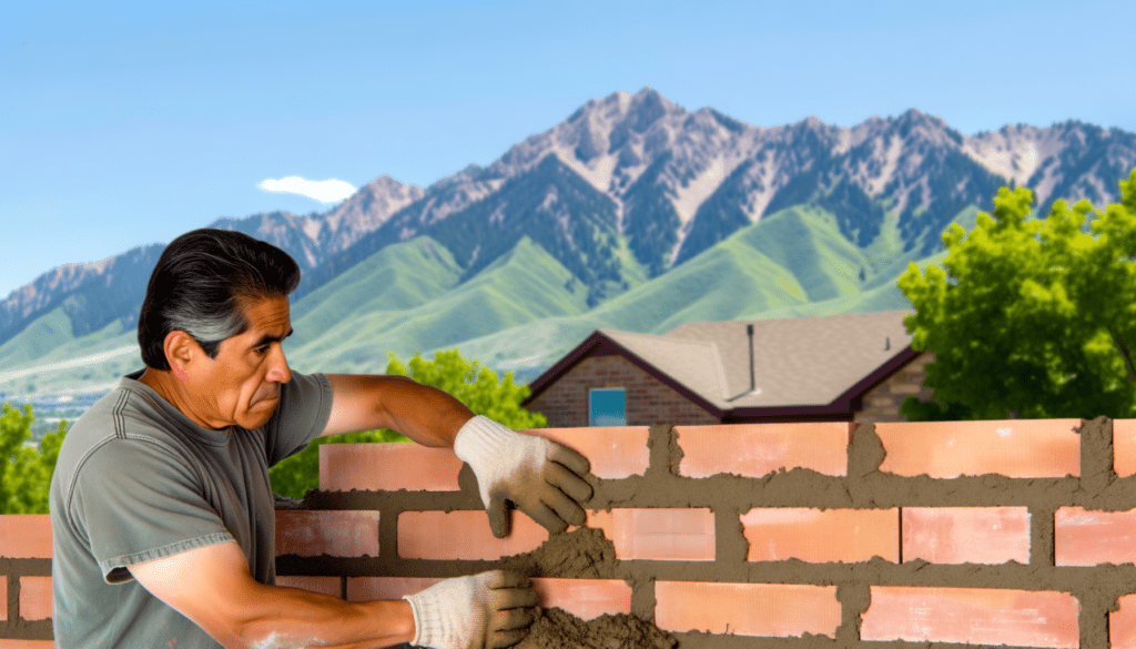 Masonry worker laying bricks in Salt Lake City with mountains in background