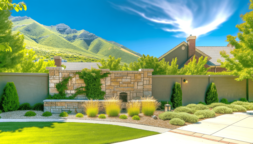 A decorative stone and brick wall on a landscaped property in Salt Lake City.