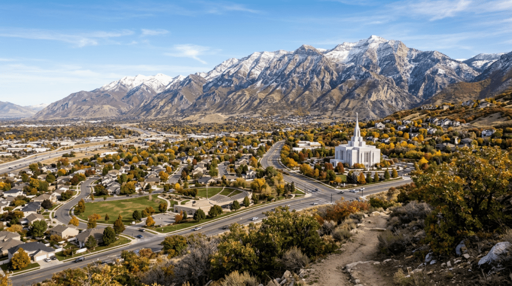 Aerial view of a suburban area with mountains in the background and a temple.