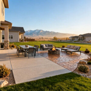 Concrete patio installation in South Jordan Utah featuring modern backyard design with stamped and brushed concrete, outdoor seating, and landscaped yard
