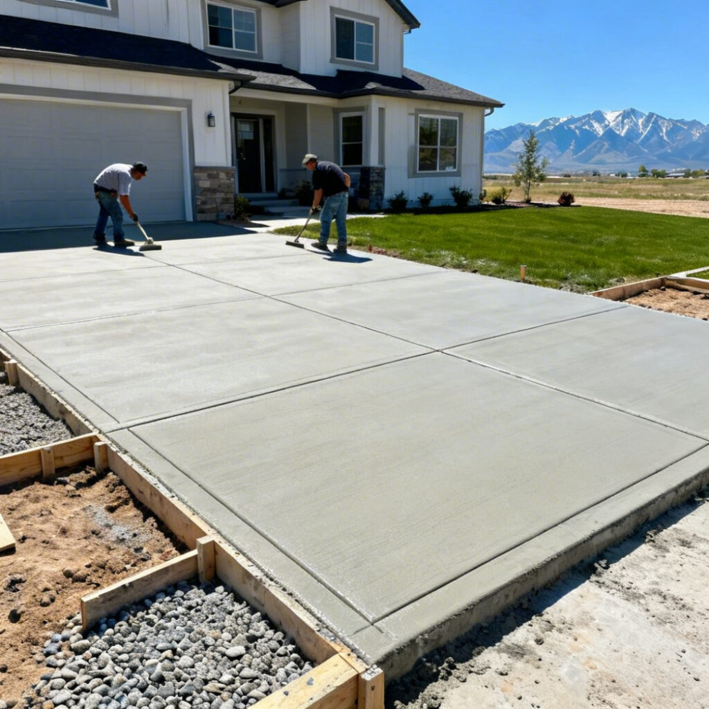 Concrete slab installation and repair in South Jordan Utah showing new driveway slab, garage floor, and professional concrete work in progress