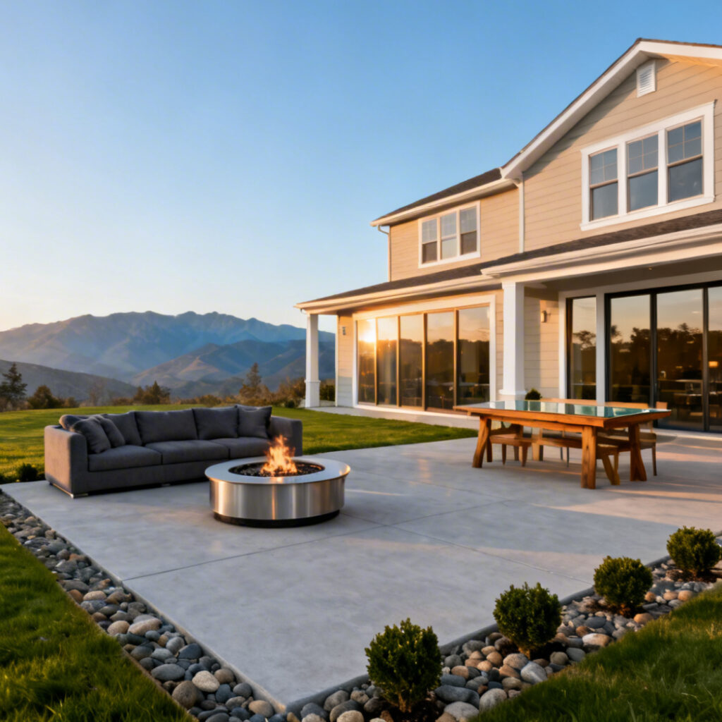 Professionally installed concrete patio in South Jordan Utah featuring modern backyard design with outdoor seating, fire pit, and landscaped yard