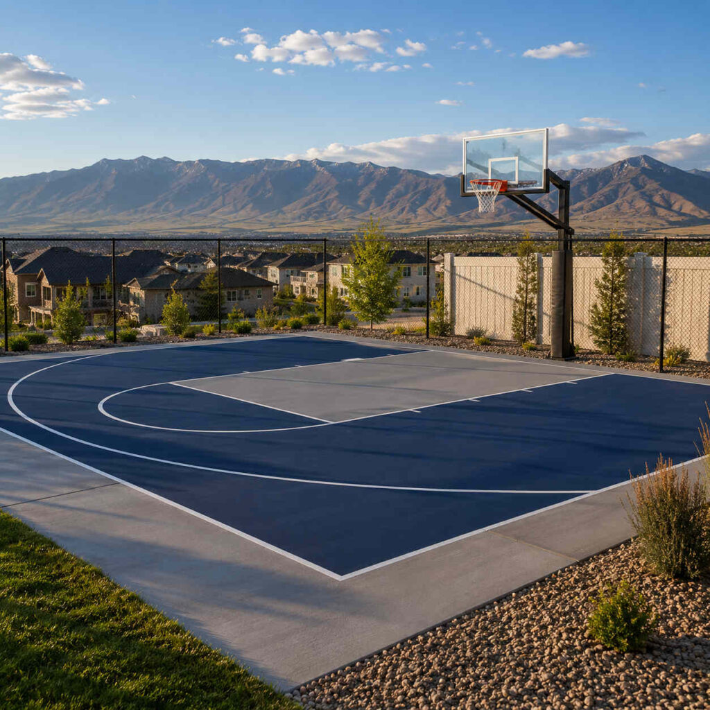 Finished concrete basketball court with sport coating and painted lines in Eagle Mountain Utah backyard with Oquirrh Mountains