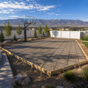 Concrete basketball court under construction in Eagle Mountain Utah showing base preparation and reinforcement before the pour