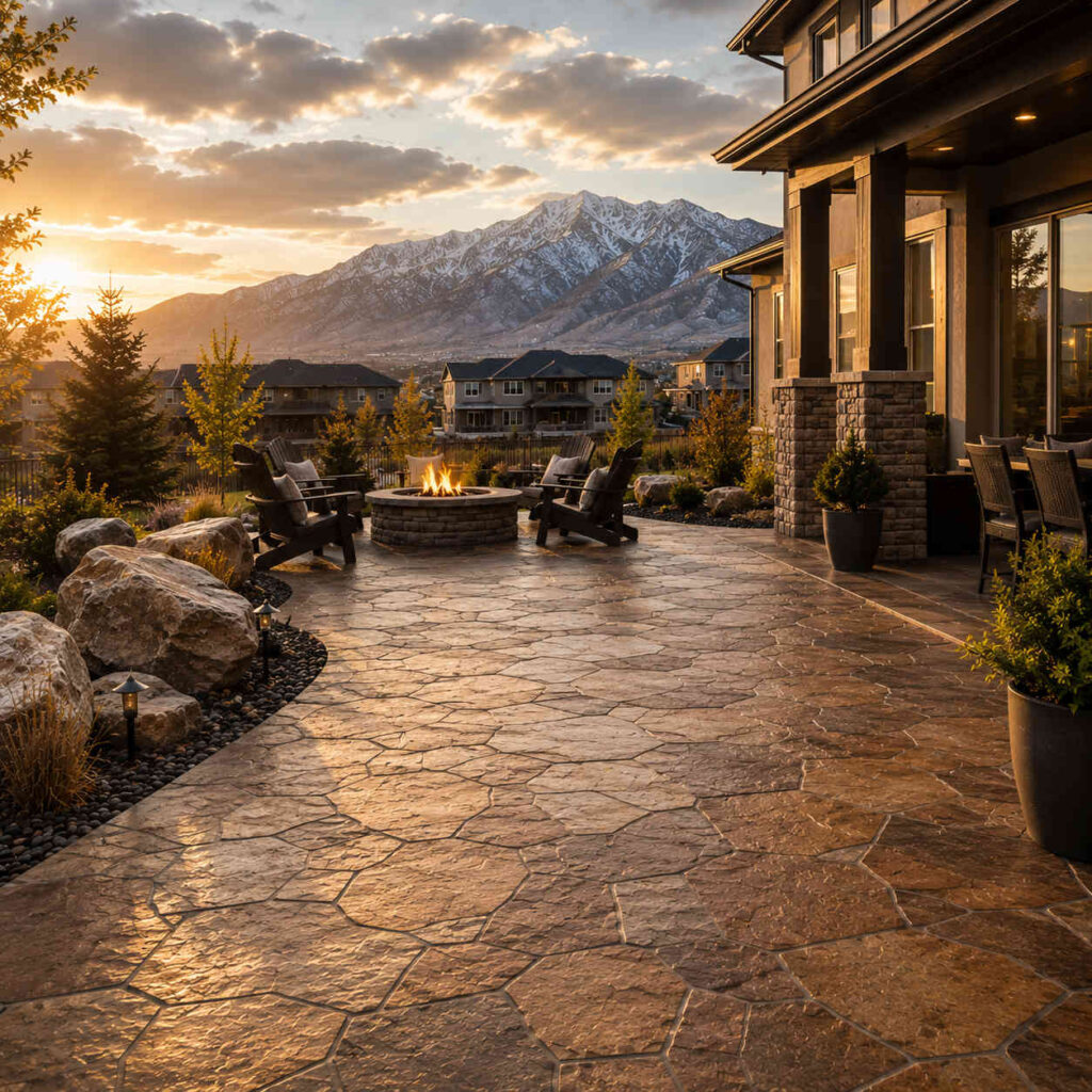 Luxury stamped concrete backyard patio at a modern home in Eagle Mountain Utah with mountain views and warm sandstone texture