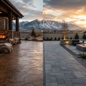 Luxury backyard comparison of stamped concrete patio and interlocking pavers in Eagle Mountain Utah with snowy mountain backdrop