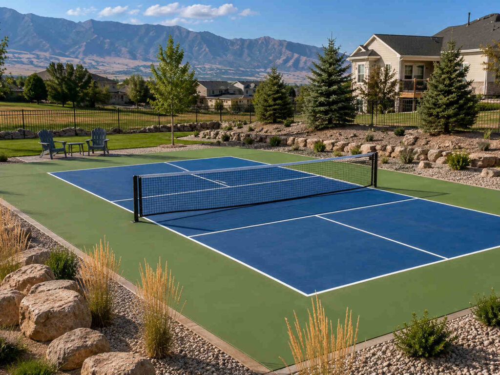 Custom residential pickleball court installed at a Bluffdale, Utah home with mountain views and professional concrete court surface.