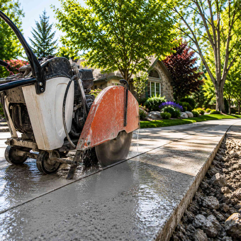 Diamond blade concrete saw cutting a residential driveway section in Holladay Utah with mature trees and established landscaping in background