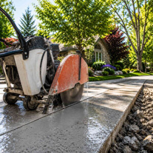 Diamond blade concrete saw cutting a residential driveway section in Holladay Utah with mature trees and established landscaping in background