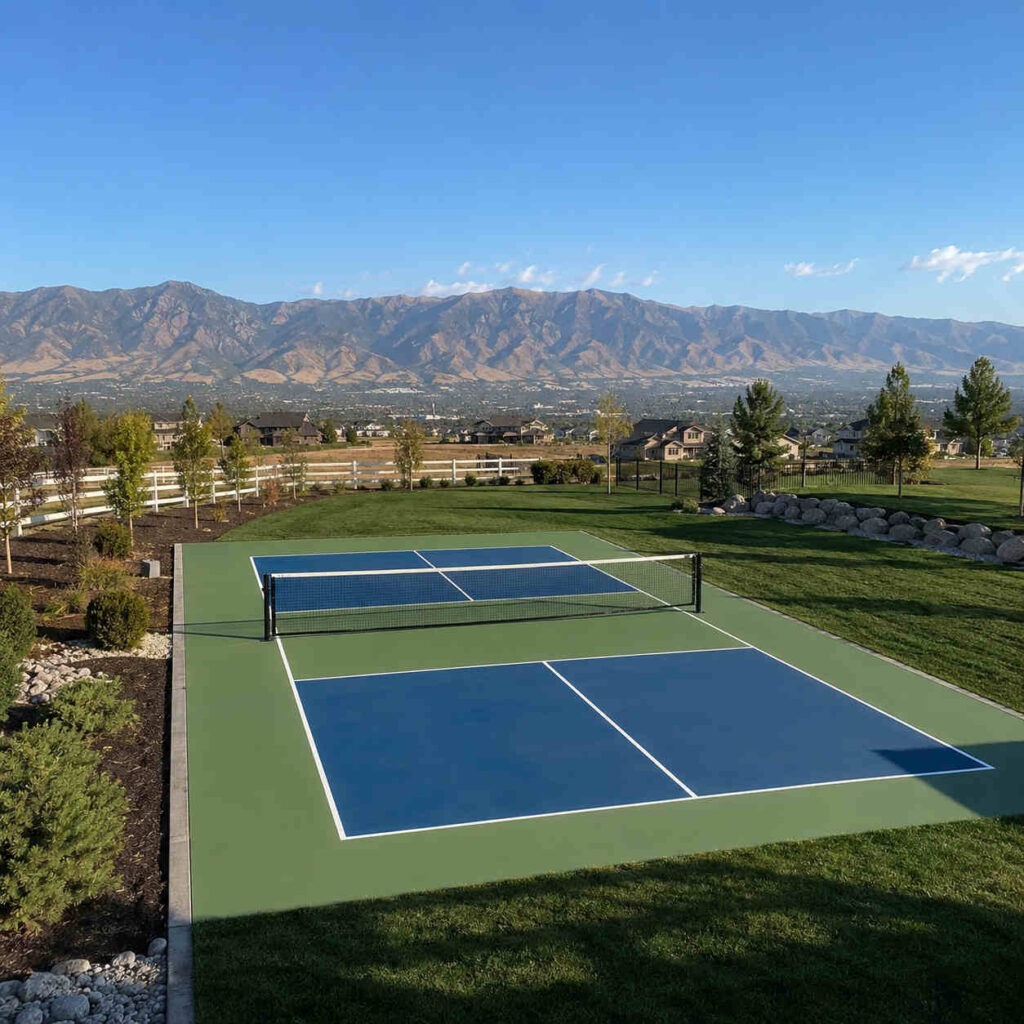 Completed concrete pickleball court with green and blue acrylic coating and white lines in Bluffdale Utah large backyard with Oquirrh Mountain views