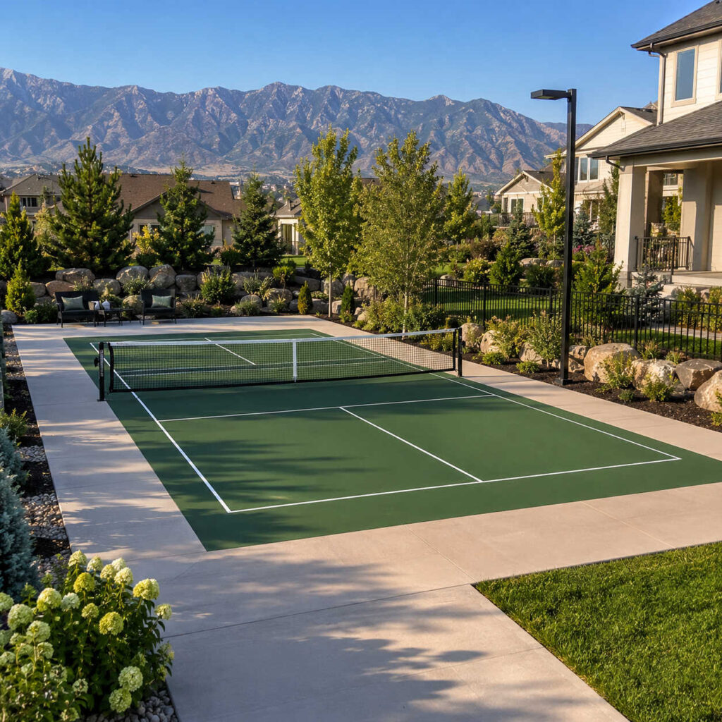 Freshly poured concrete pickleball court with acrylic green surface and white line striping in a Draper Utah backyard