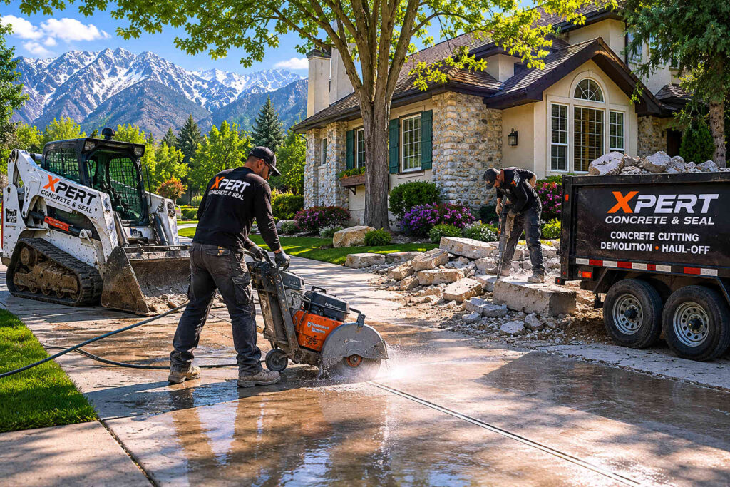 Xpert Concrete & Seal crew performing concrete cutting and demolition at a residential property in Holladay, Utah with concrete saws, skid steer equipment, and haul-off services.