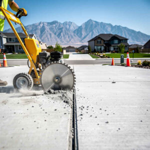 Diamond blade concrete saw cutting a residential driveway section in Herriman Utah with Oquirrh Mountains in background