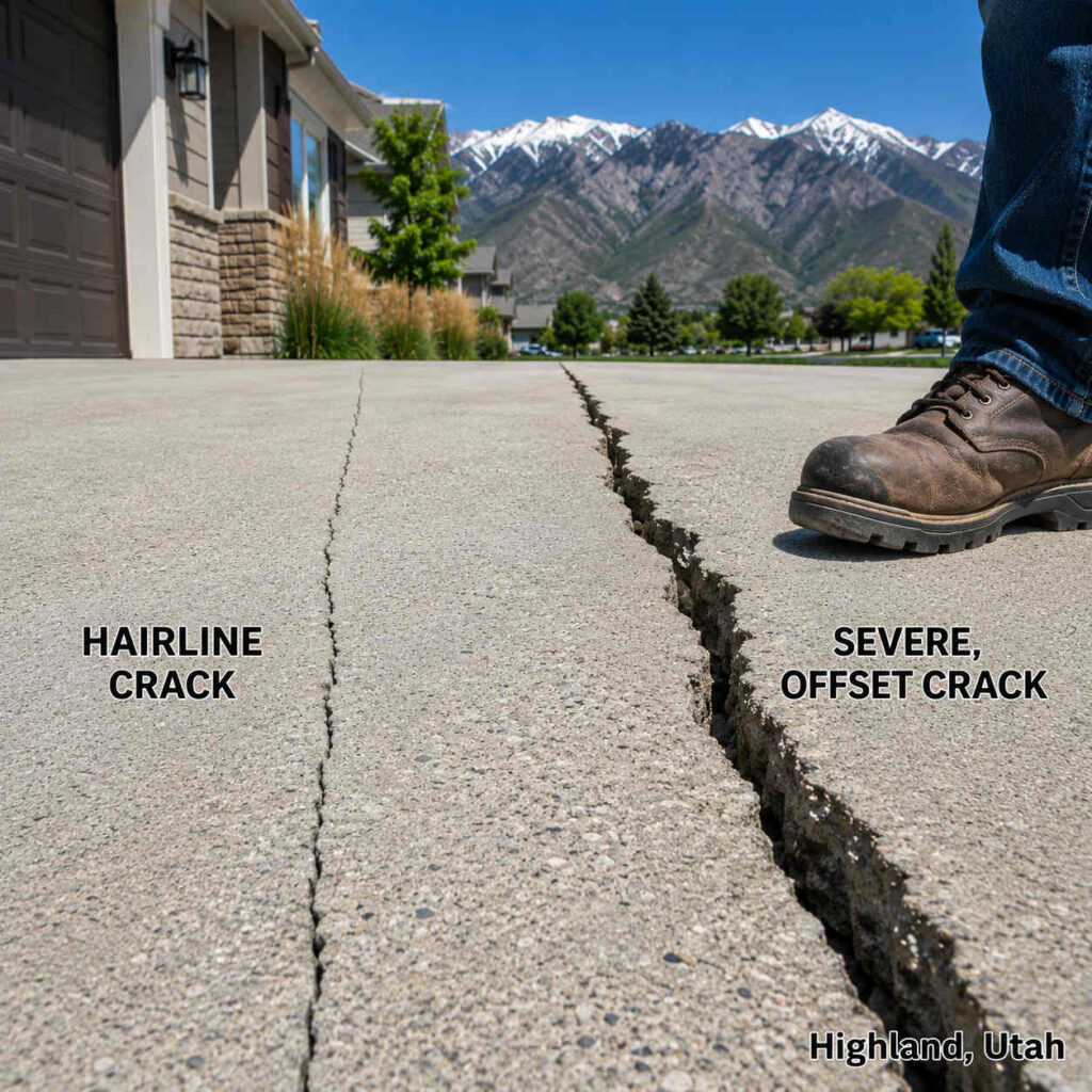 Cracked concrete driveway repair vs replacement evaluation in Highland, Utah