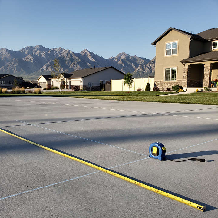 Concrete driveway slab being measured for pickleball court conversion in Eagle Mountain, Utah