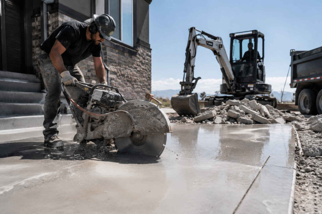 Professional concrete contractor performing precision concrete saw cutting during a residential demolition project in Herriman, Utah, with clean concrete removal equipment on site.