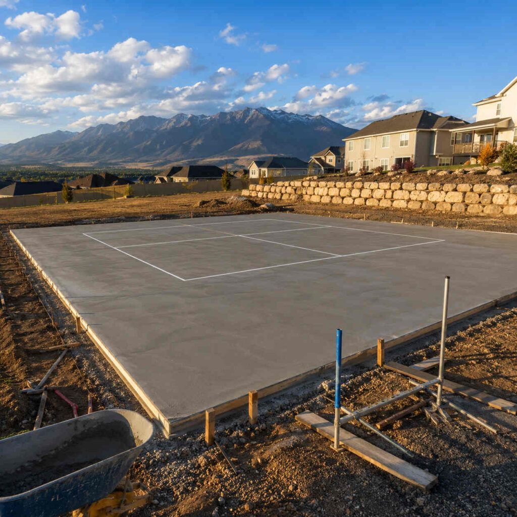 Concrete pickleball court base being poured in Eagle Mountain, UT backyard